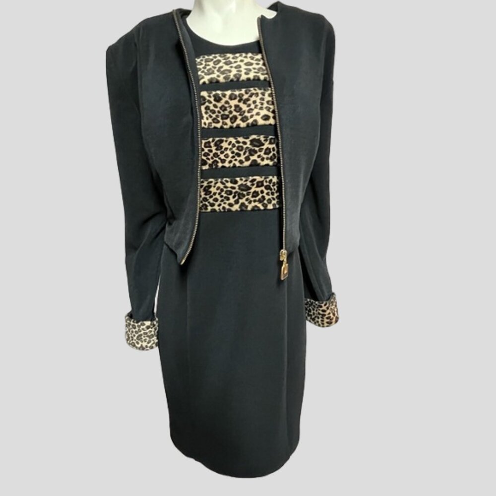 Joseph Ribkoff Black & Leopard Print Dress With Blazer